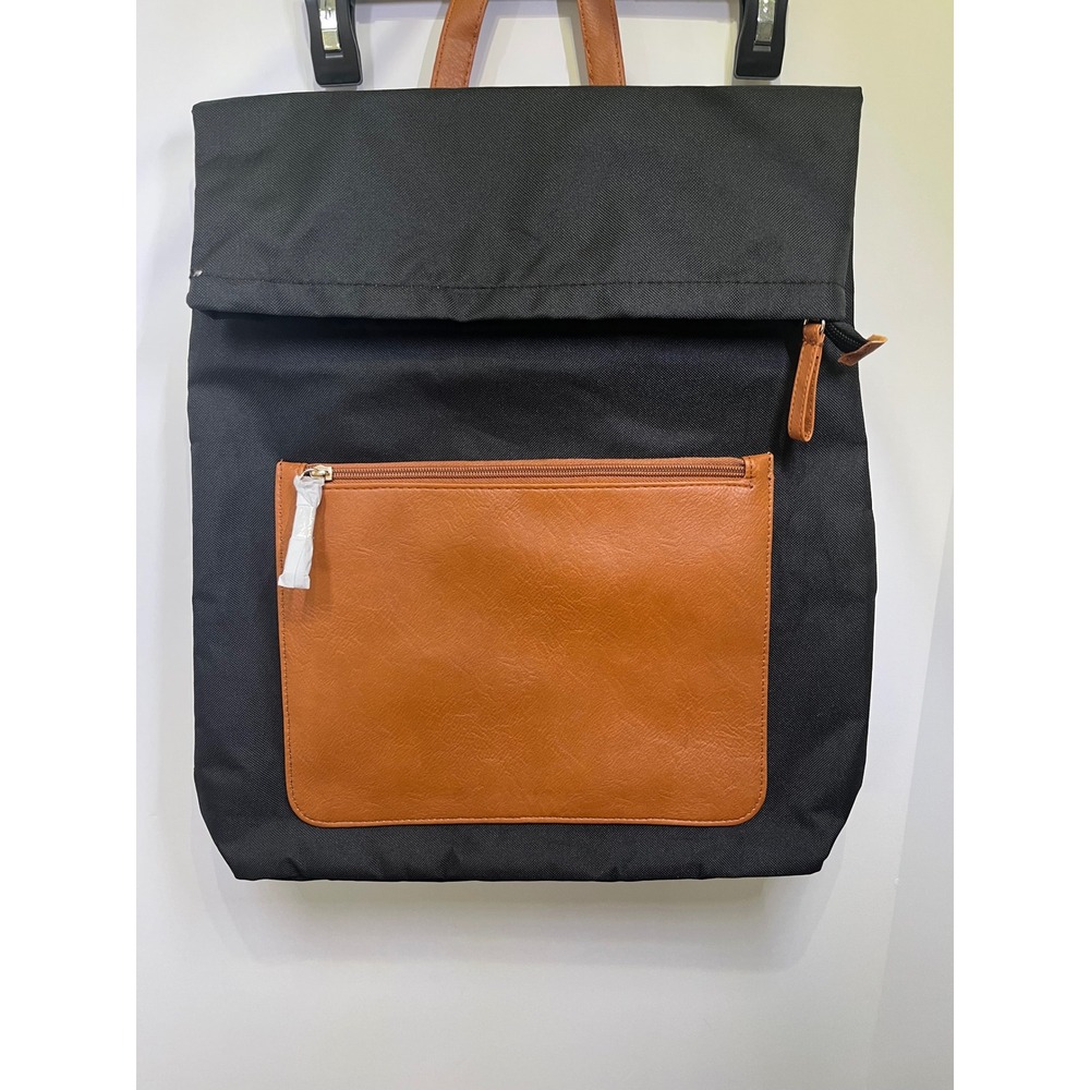 DSW Black Canvas Cognac Brown Faux Leather Foldover Backpack Bag